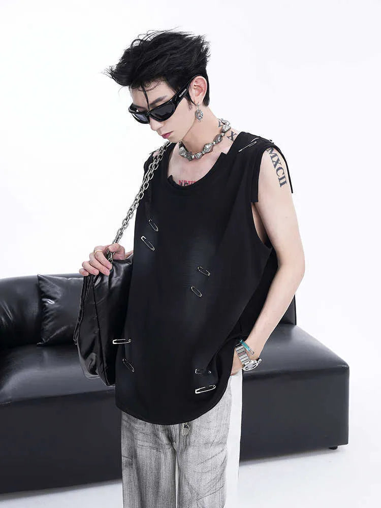 Men's black sleeveless vest waistcoat with an irregular ripped cut design and round neck collar