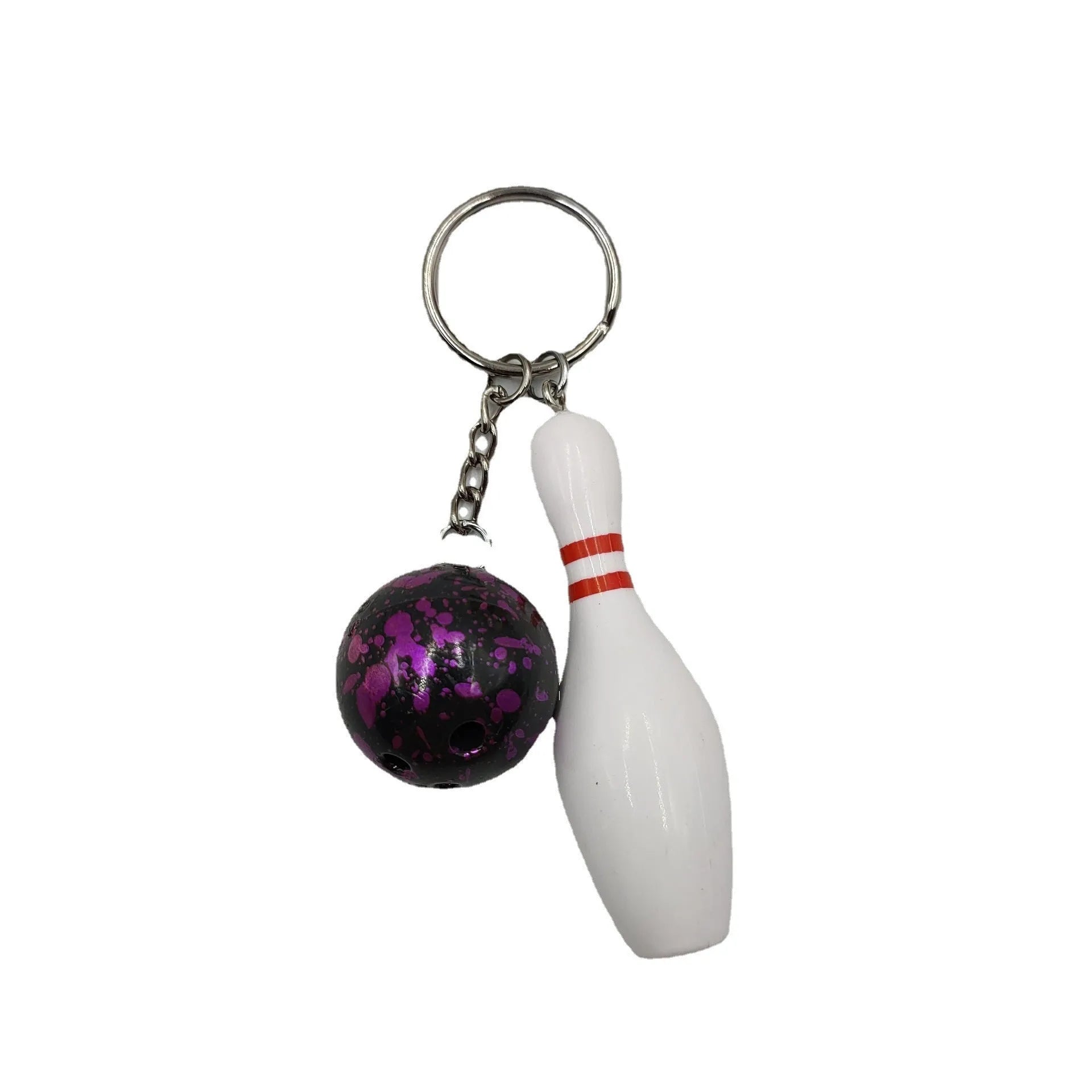 Miniature bowling ball keychain in four colour options: dark red, blue, purple, green