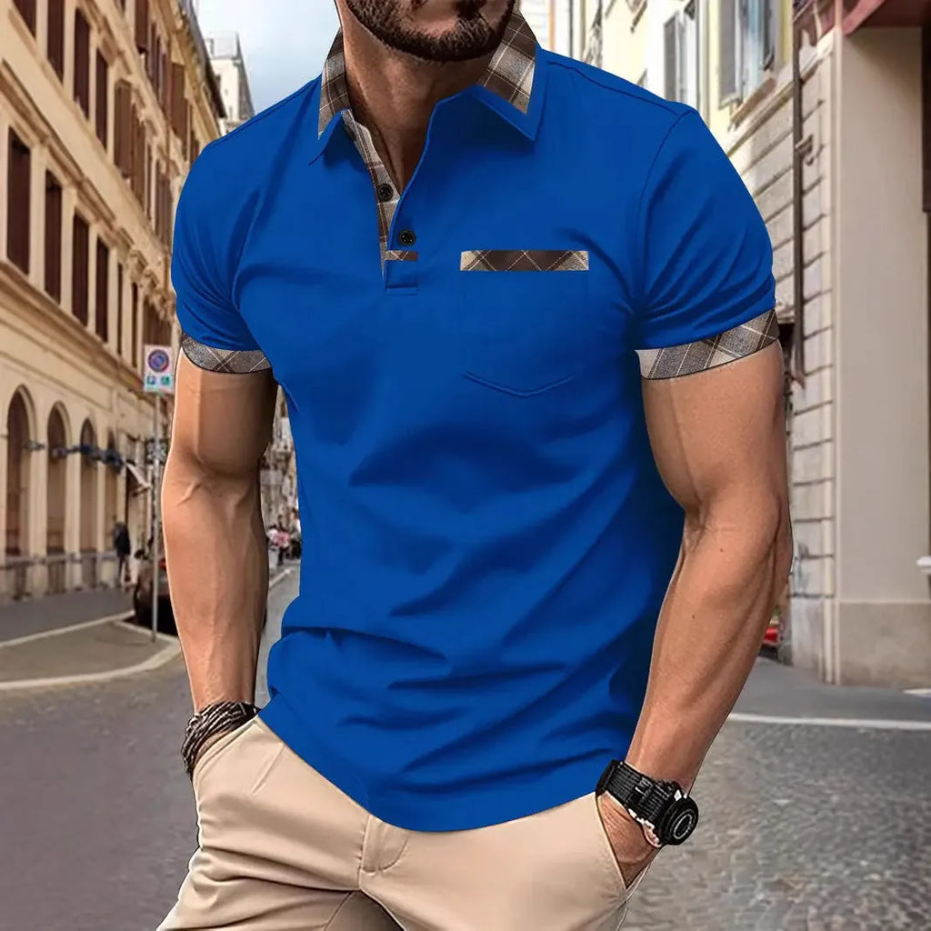 Men's loose fit plaid t-shirt with colourblock design and zipper decoration details