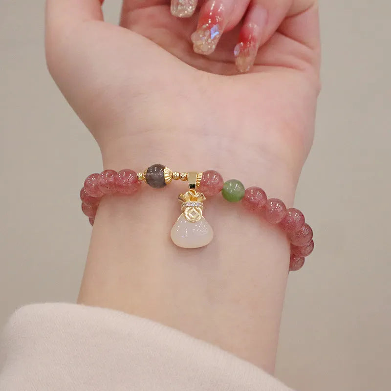 Women's strawberry quartz purse bracelet with geometric shapes and safety buckle