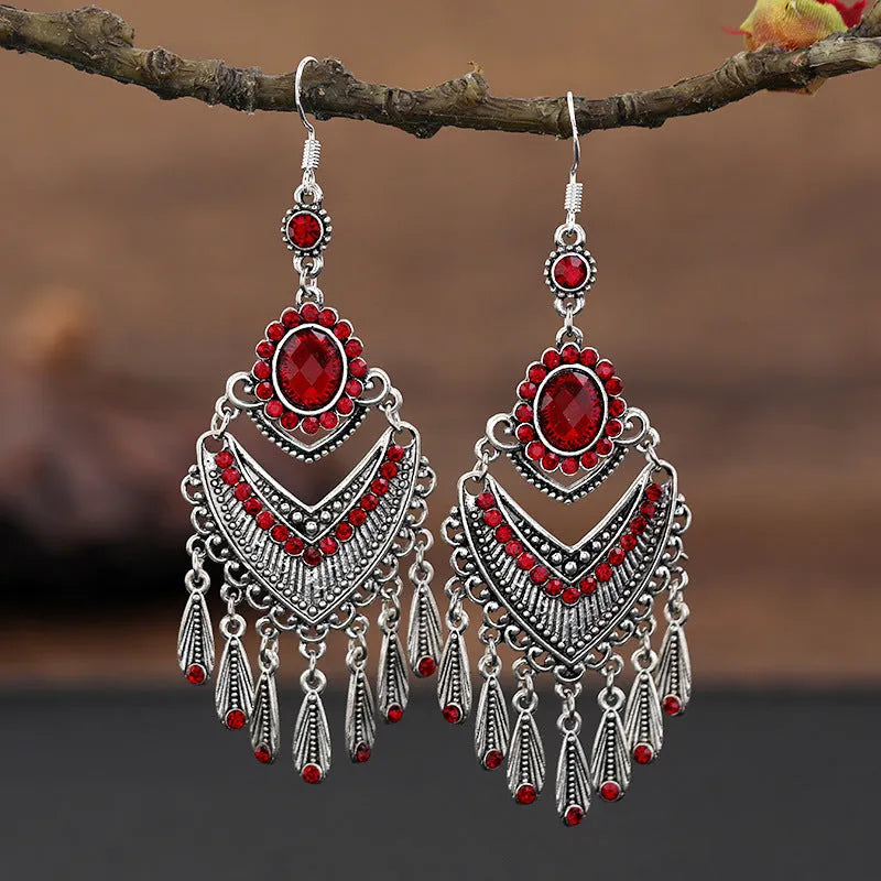 Purple retro crystal fringe drop earrings with ethnic style elements