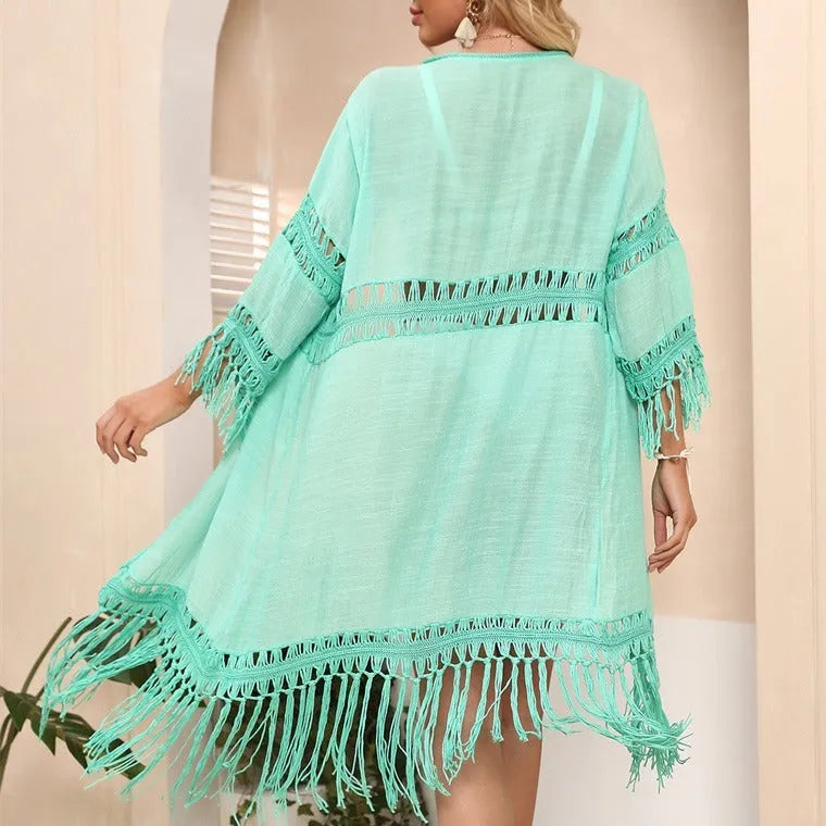Hand crocheted yellow acrylic beach cover-up cardigan with tassels, loose fit for women.