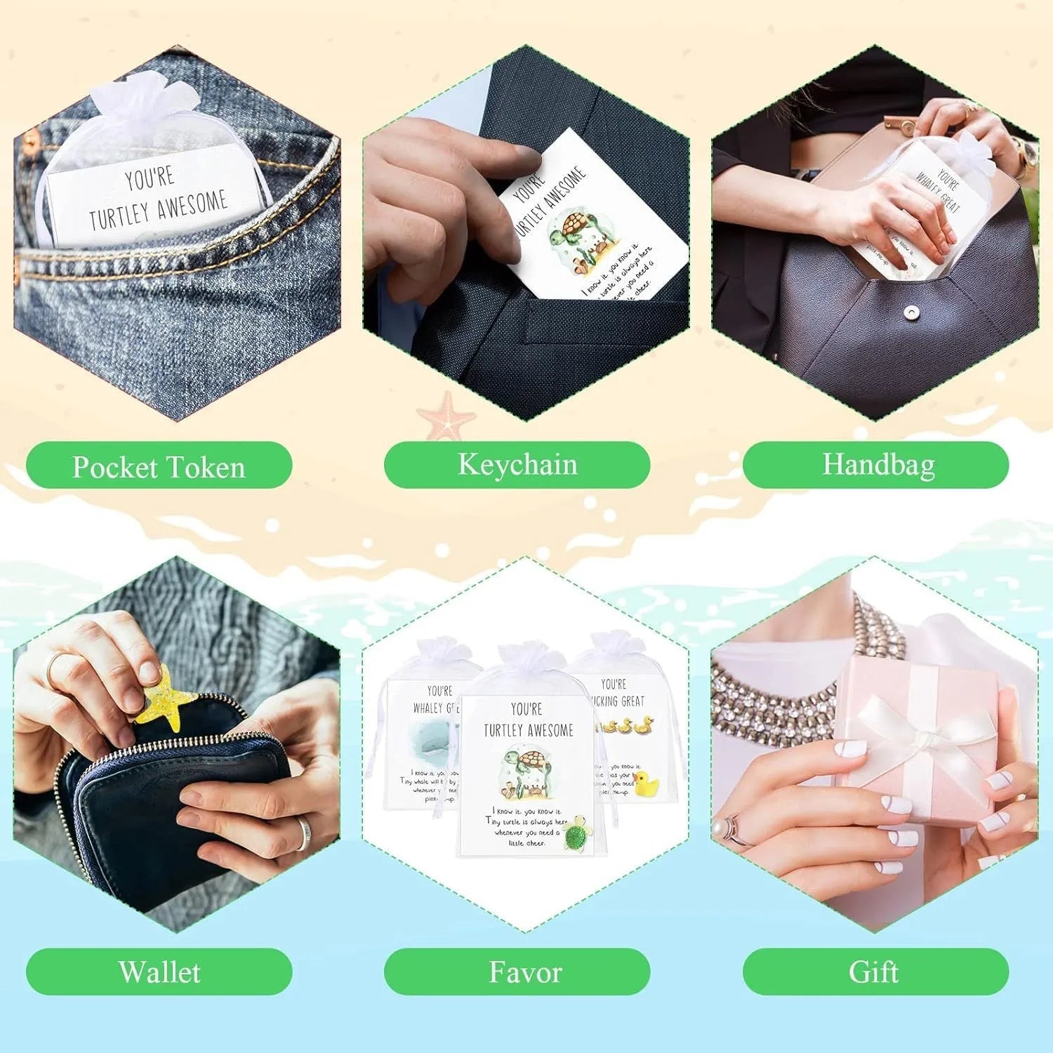 Set of resin pun inspiration greeting cards showing various designs for office gifts and pocket tokens