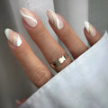 Wearable nail stickers with plaid pattern in medium drop shape, includes plastic application armour