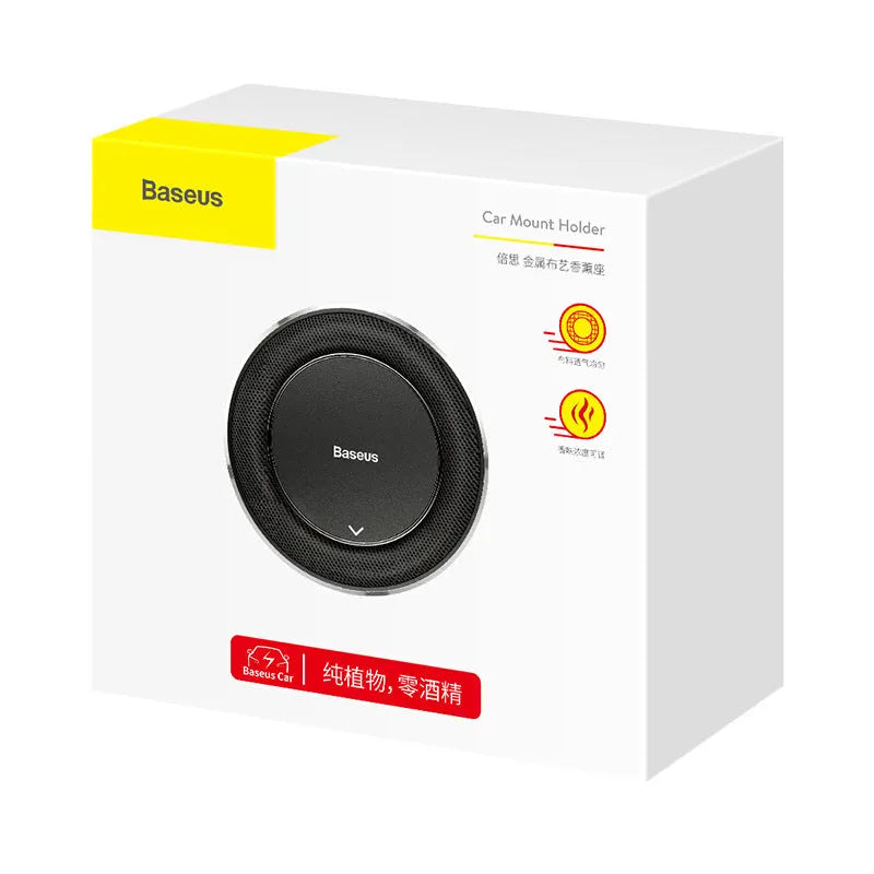 Aluminium alloy car fragrance diffuser in black, red, or silver with round design and four aromatic tablets