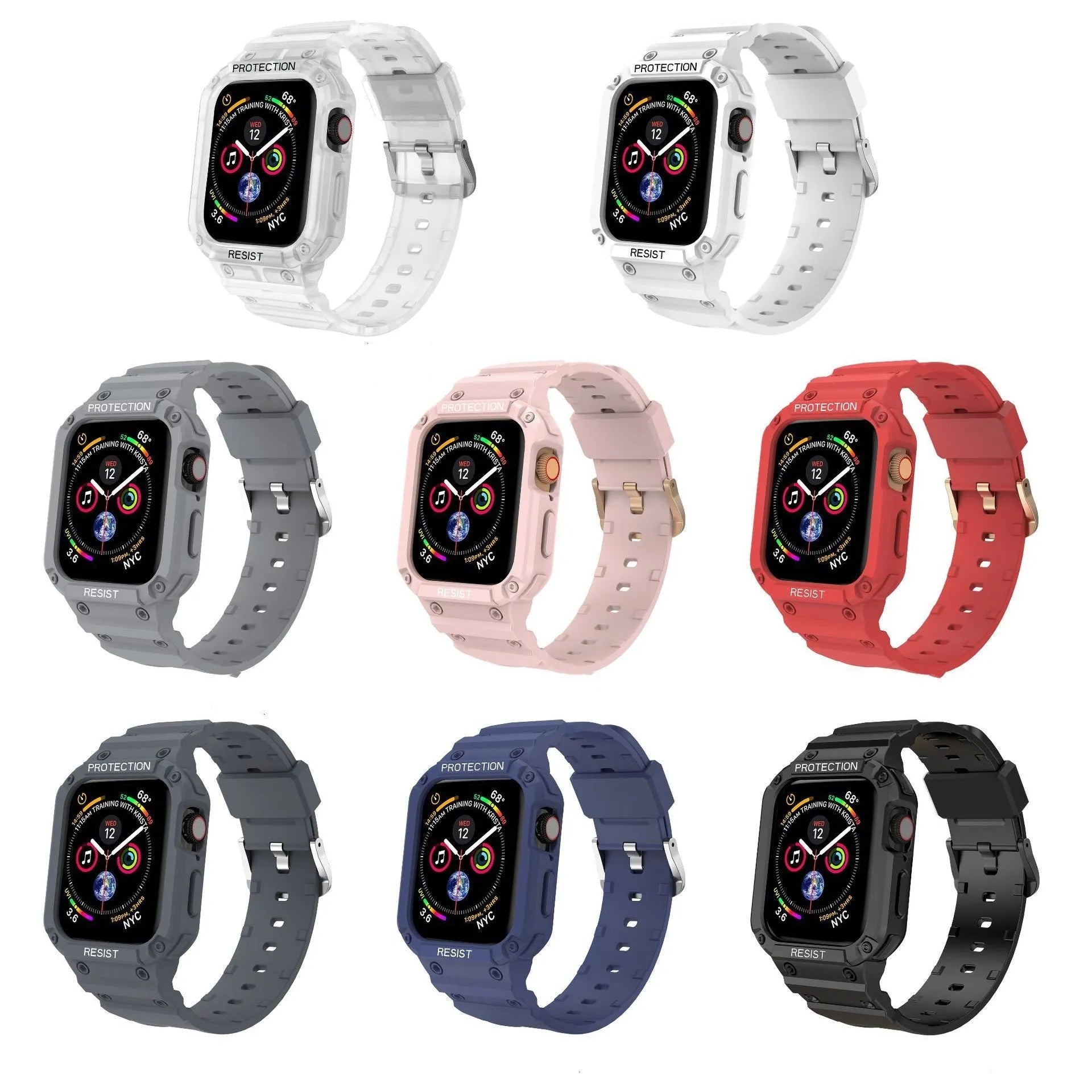 Soft TPU sport strap for Apple Watch Series 8 in multiple colours on a grey background