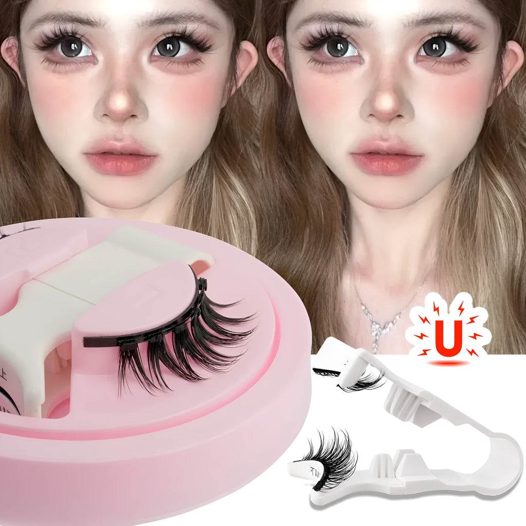 Set of reusable waterproof glue-free false eyelashes in natural thick styles on a clear background.