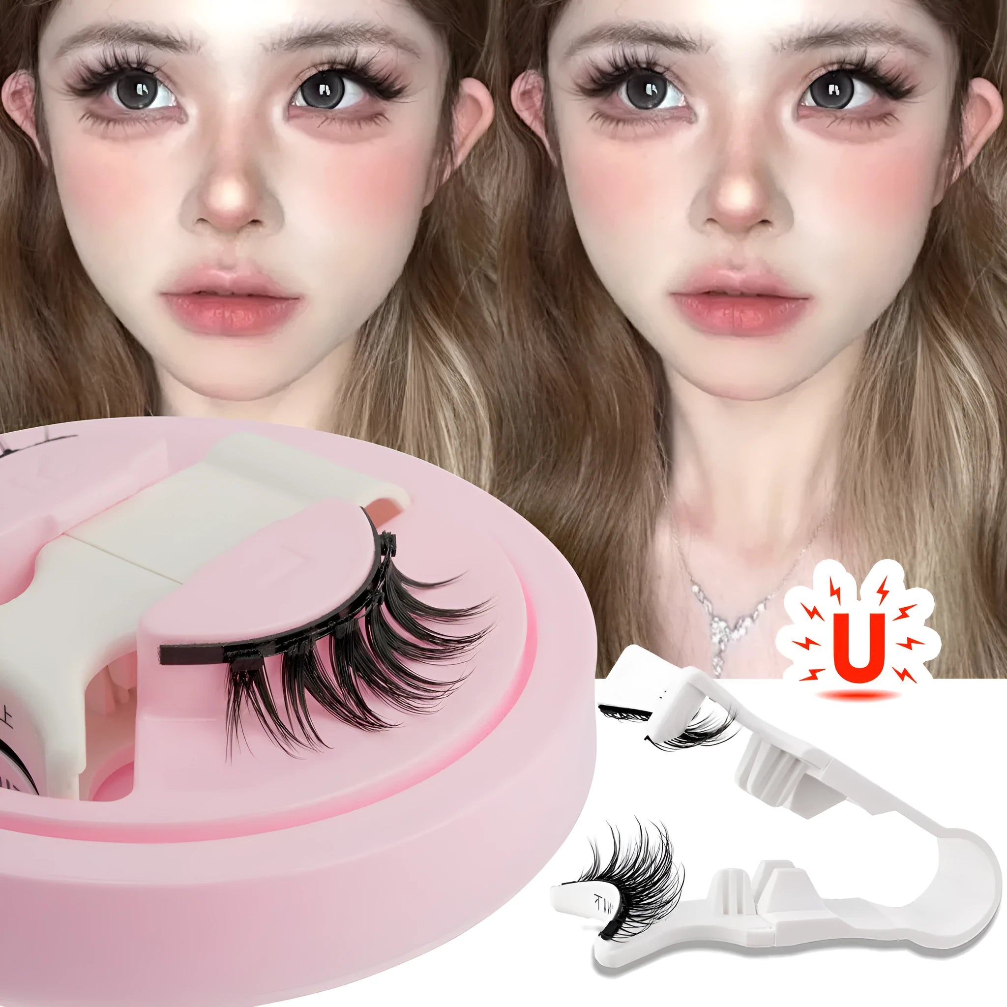 Set of reusable waterproof glue-free false eyelashes in natural thick styles on a clear background.