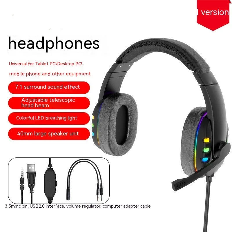 Gaming headset with LED breathing light, 40mm drivers, and omnidirectional microphone on a black surface