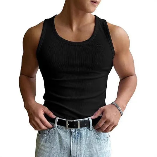 Men's black polyester workout T-shirt with round neck and tight fit for sports.