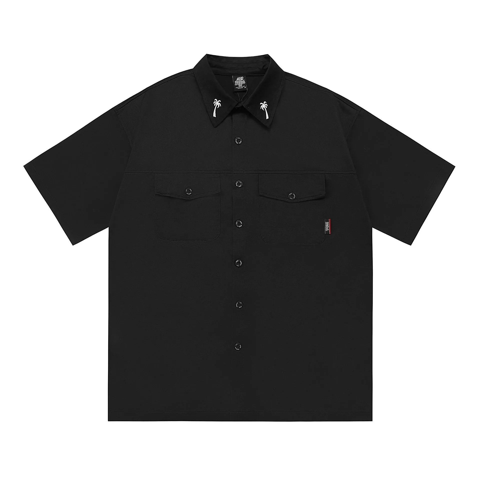 Men's black cotton blend loose fit pocket shirt with half sleeves and embroidered details