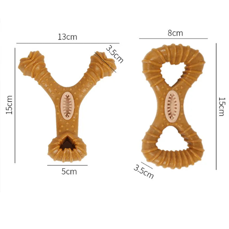 Dog chew bone toy showing 8shape and Y shape configurations for teeth cleaning and interactive play