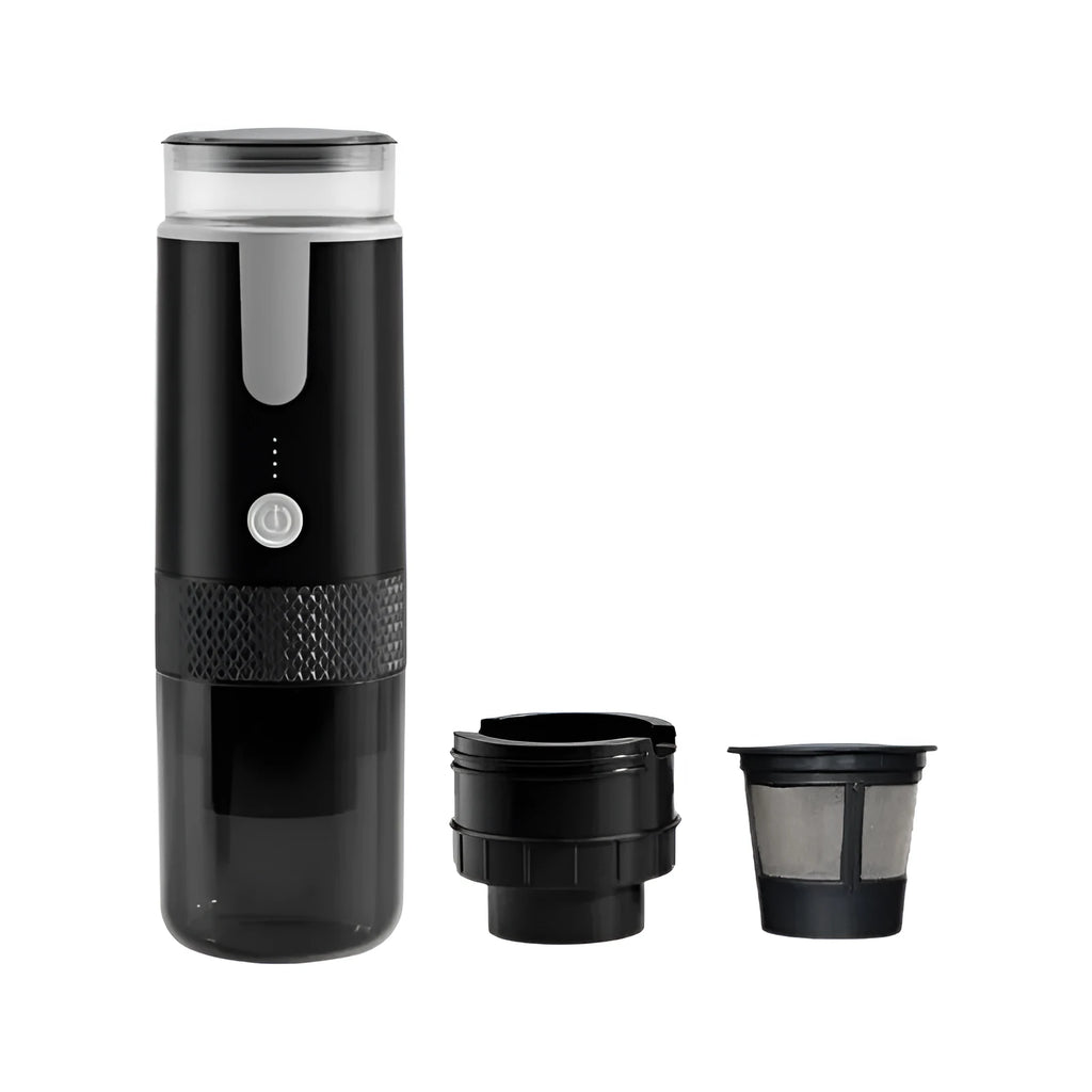 Black portable coffee machine for vehicles and outdoor use with K-cup pod compatibility
