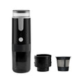 Black portable coffee machine for vehicles and outdoor use with K-cup pod compatibility