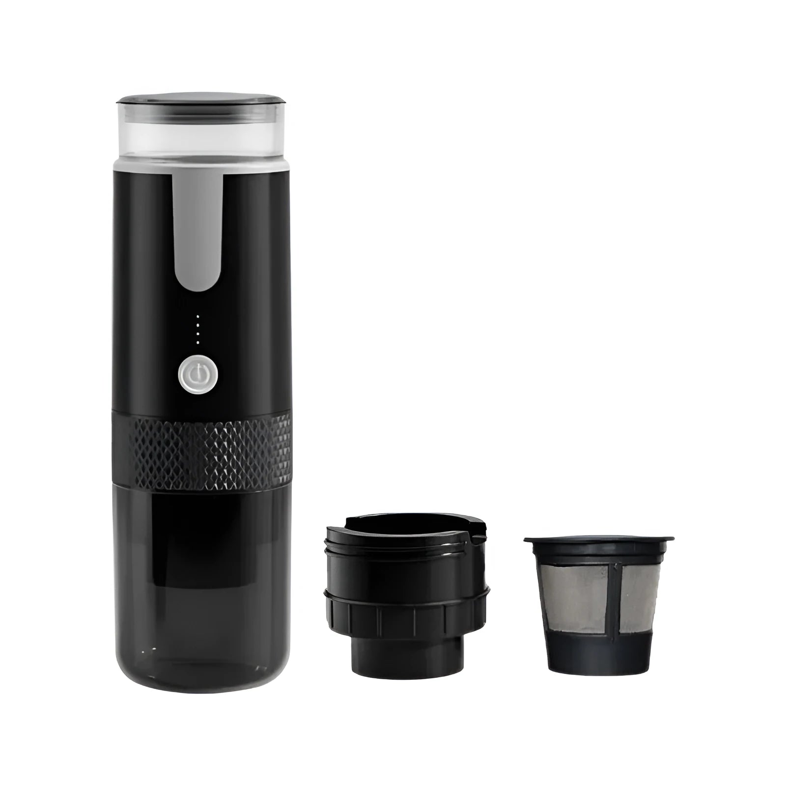 Black portable coffee machine for vehicles and outdoor use with K-cup pod compatibility