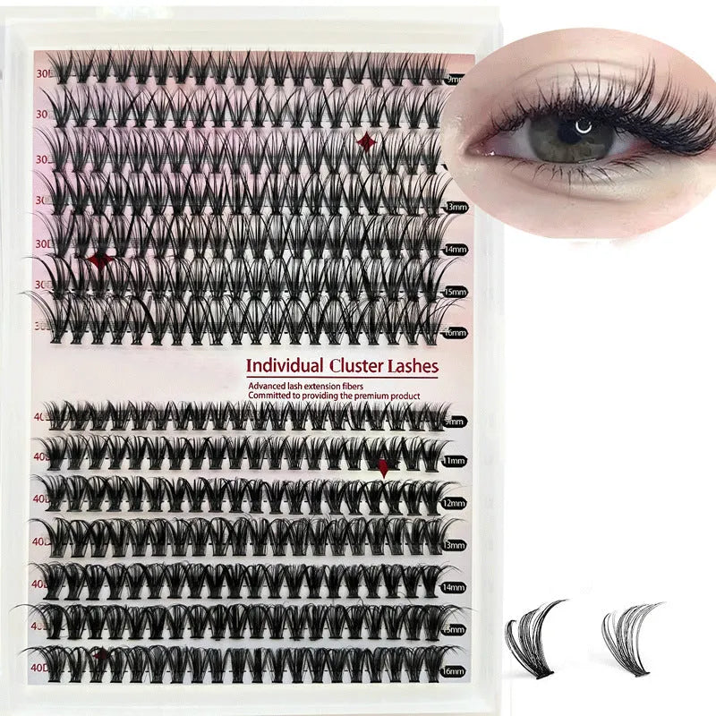 DIY cluster false eyelashes mixed package showing 30D and 40D density lashes with tweezers