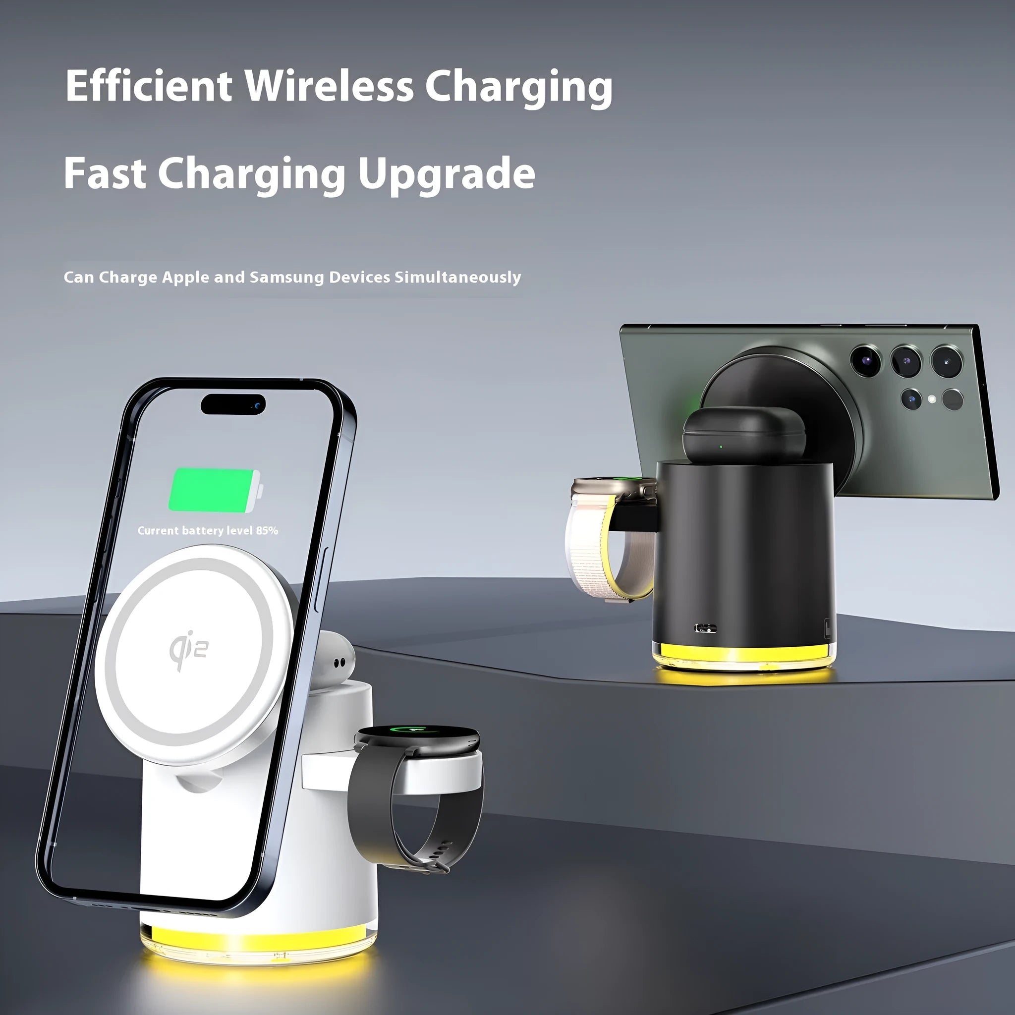 C16 folding magnetic wireless charger in black showing three device charging positions