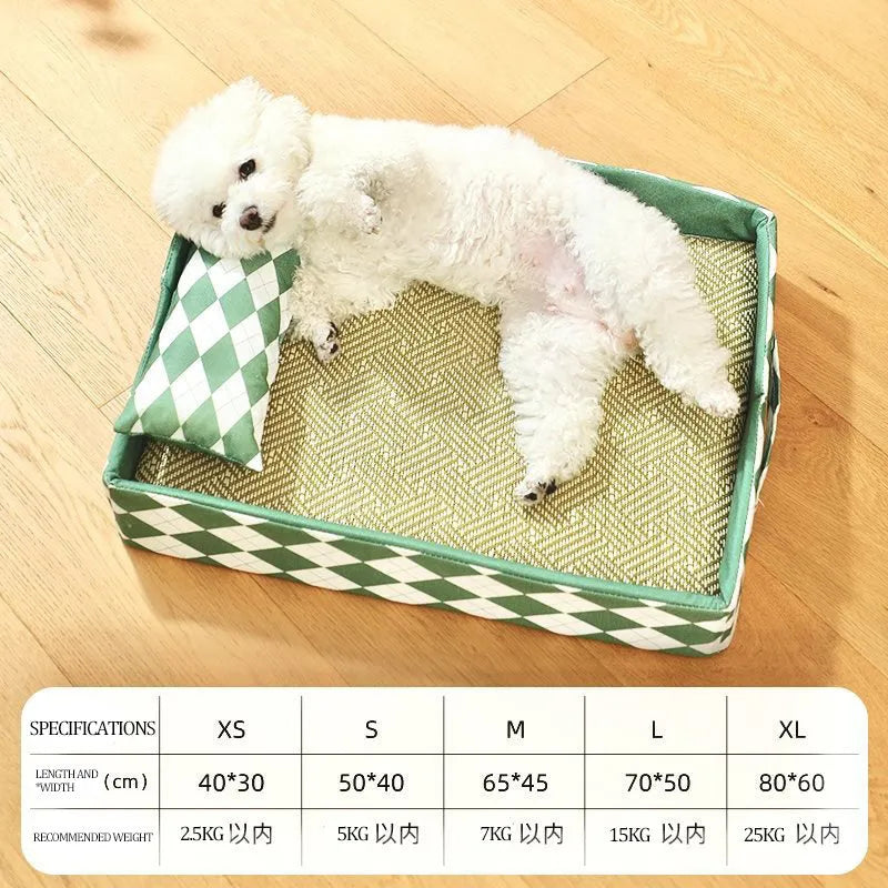 Blue rattan cat litter mat with integrated sleeping nest beside a litter tray, showing size scale.