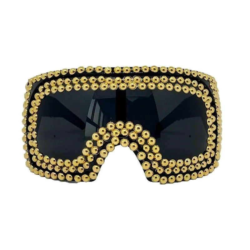 Men's punk sunglasses with super large square frame and rivet accents in silver or gold