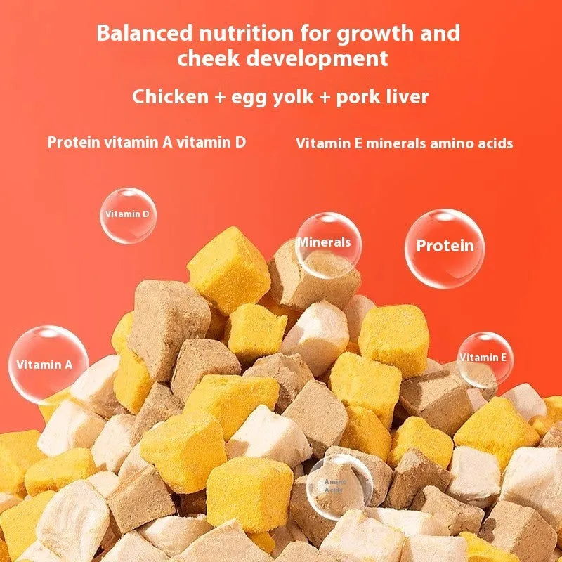 Freeze-dried dog snacks in twelve styles including chicken liver beef egg yolk duck and fish varieties packaged in resealable bags