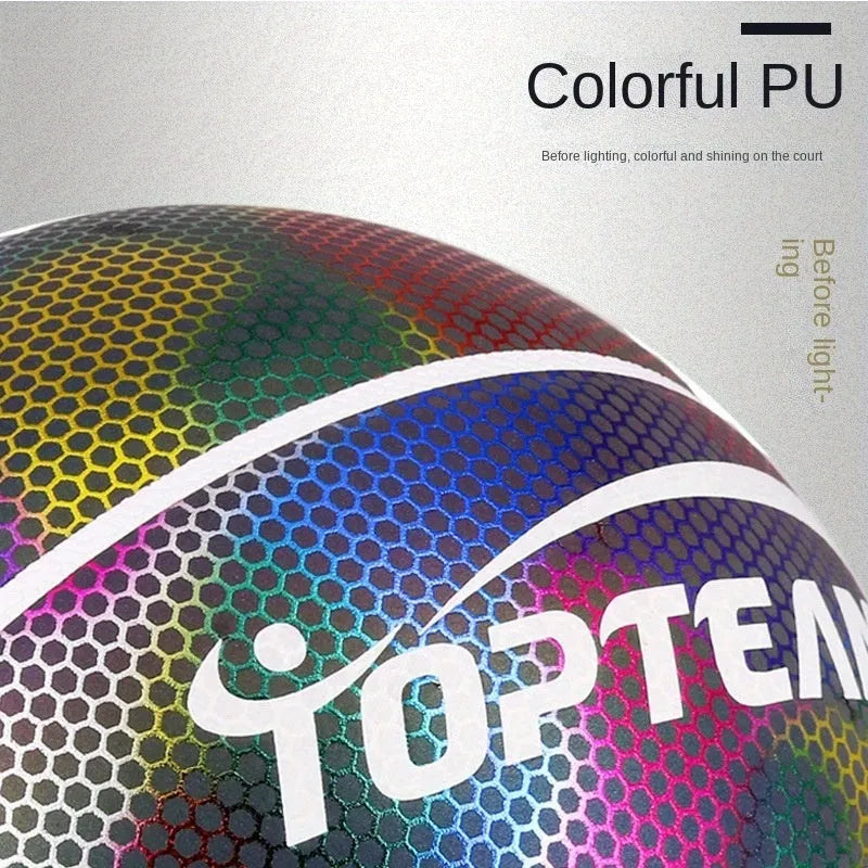 No. 7 basketball with holographic reflective surface and fluorescent colours on PU leather.
