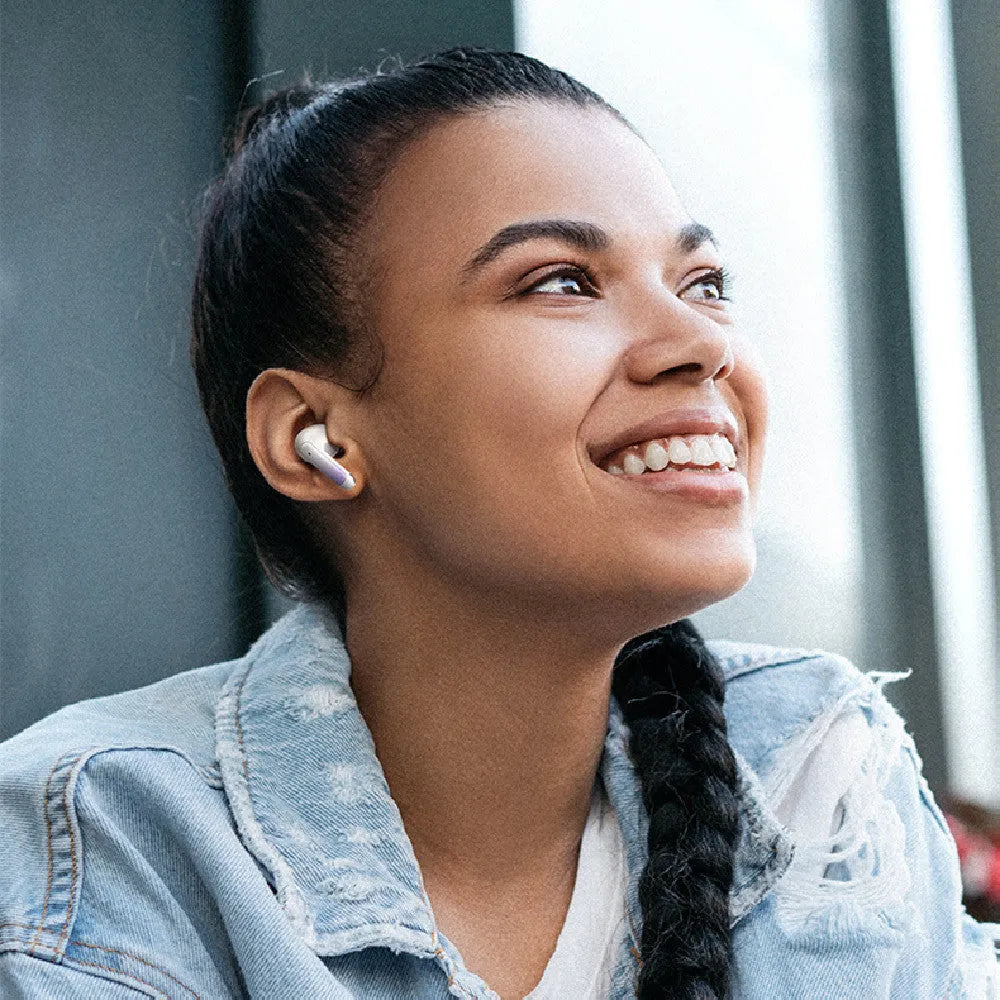 Wireless in-ear Bluetooth gaming headset in gradient blue colour showing compact design.