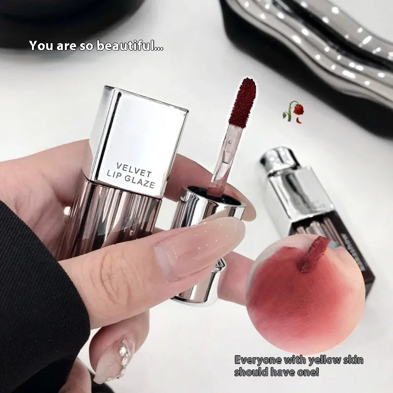 Matte soft mist lipstick in six colour options showing velvet finish and 1.8g net content
