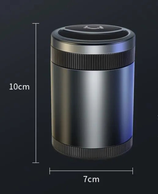 Automatic sensing vehicle ashtray in black, grey, red, or blue with USB cable.