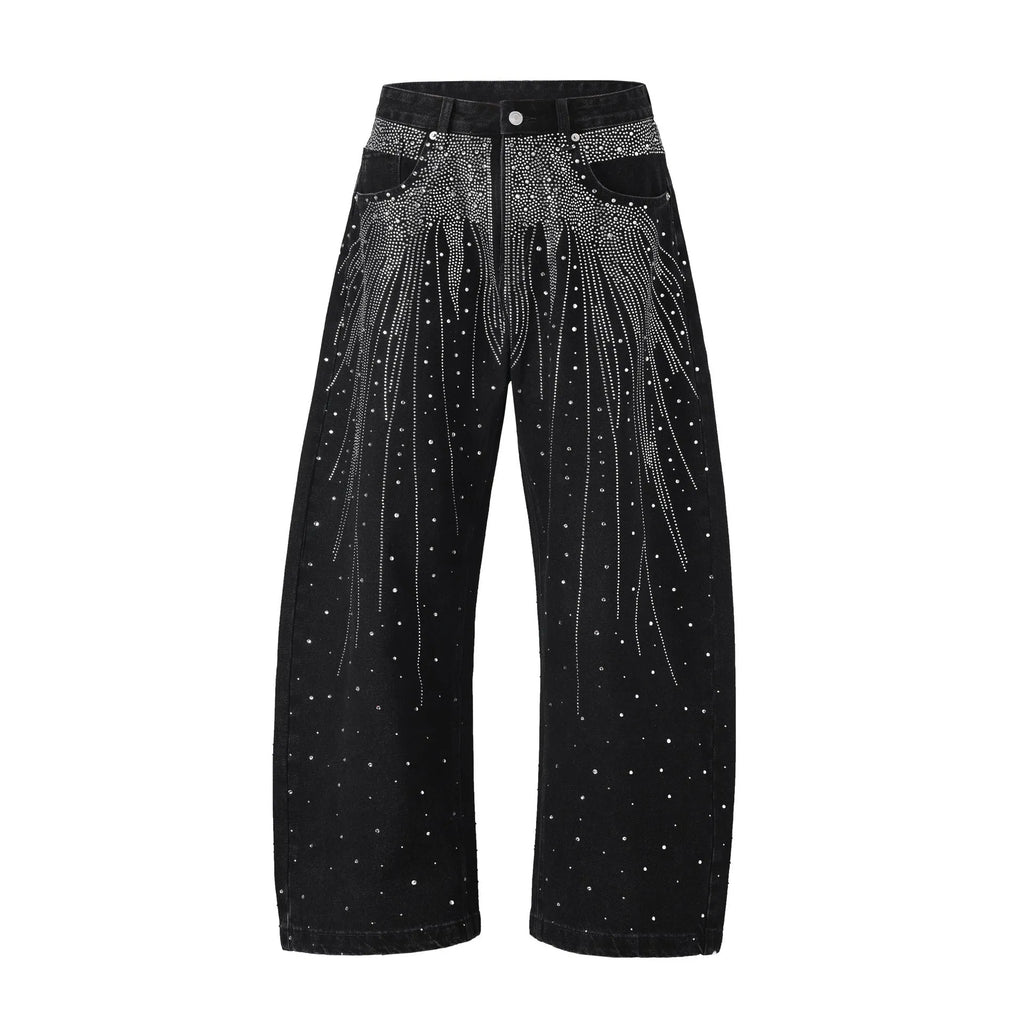 Loose-fitting wide-leg cotton trousers in blue or black, sizes 30-36, pull-on style
