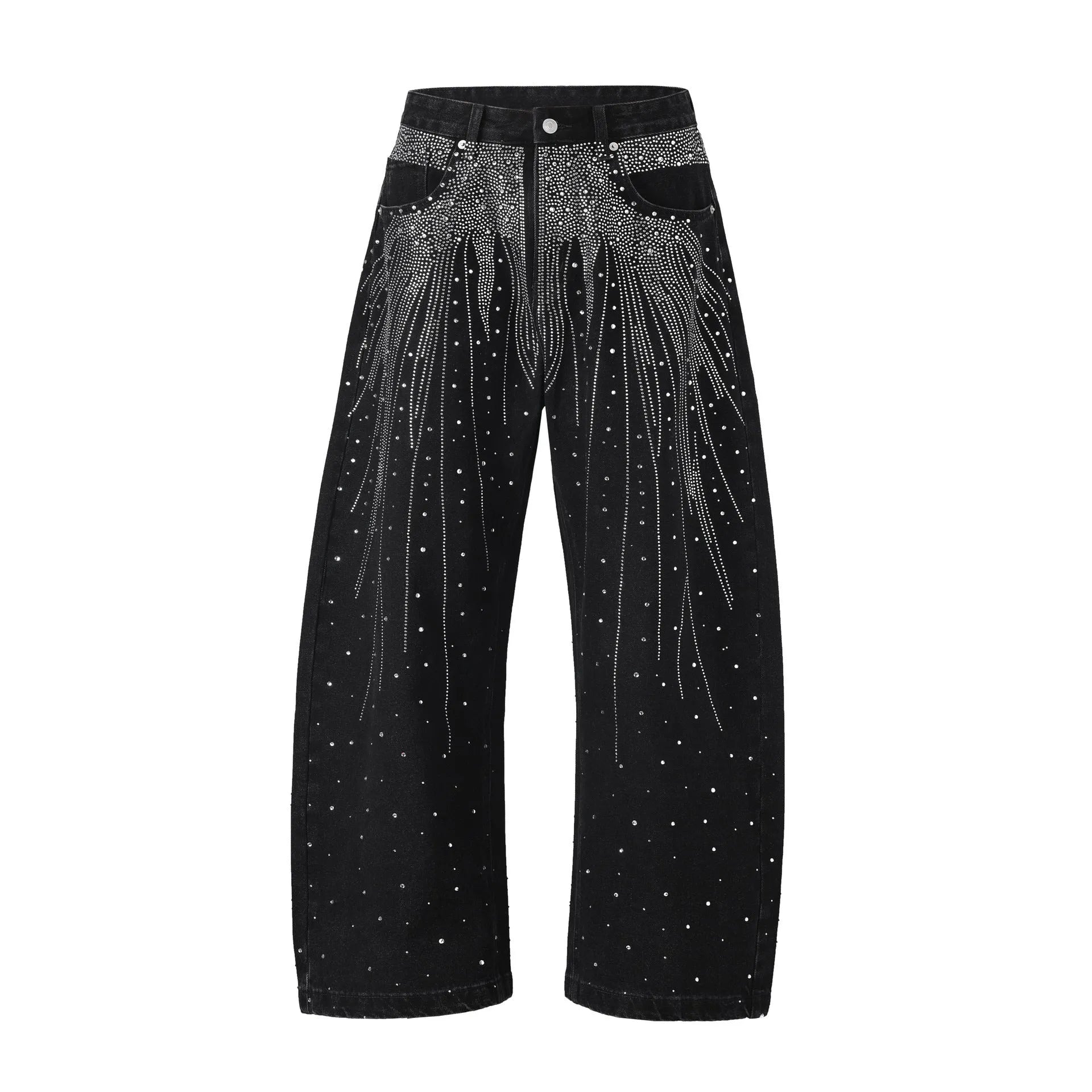 Loose-fitting wide-leg cotton trousers in blue or black, sizes 30-36, pull-on style