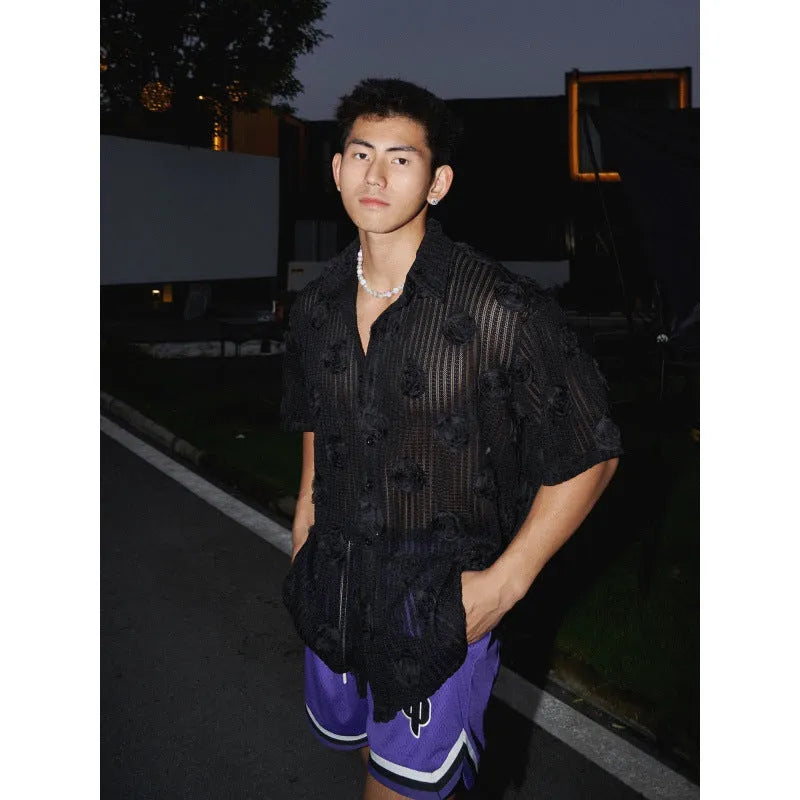 Heavy industry floral pattern short sleeve shirt with wool lining in milky white colour