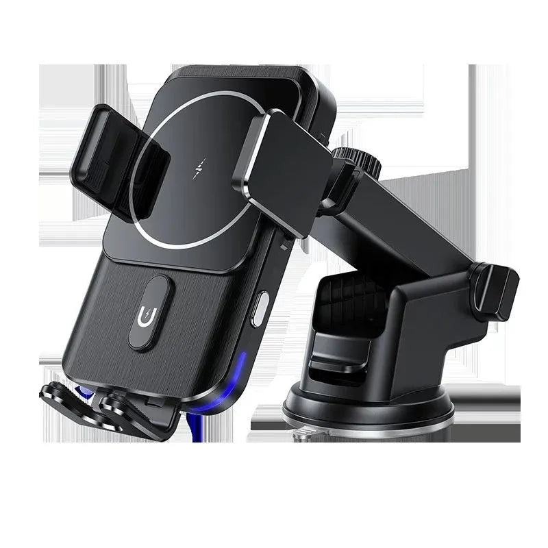 Black car wireless phone charger holder shown with clip and suction cup mounting options.