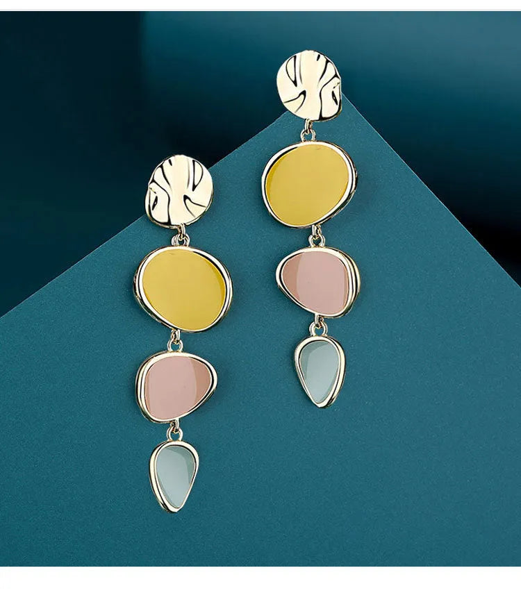 Sterling silver alloy earrings with Morandi three-colour oil drip finish on wafer disc design