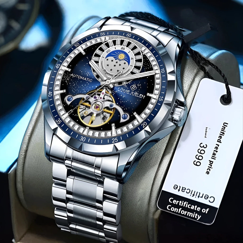 Men's silver waterproof automatic mechanical watch with blue face and stainless steel strap