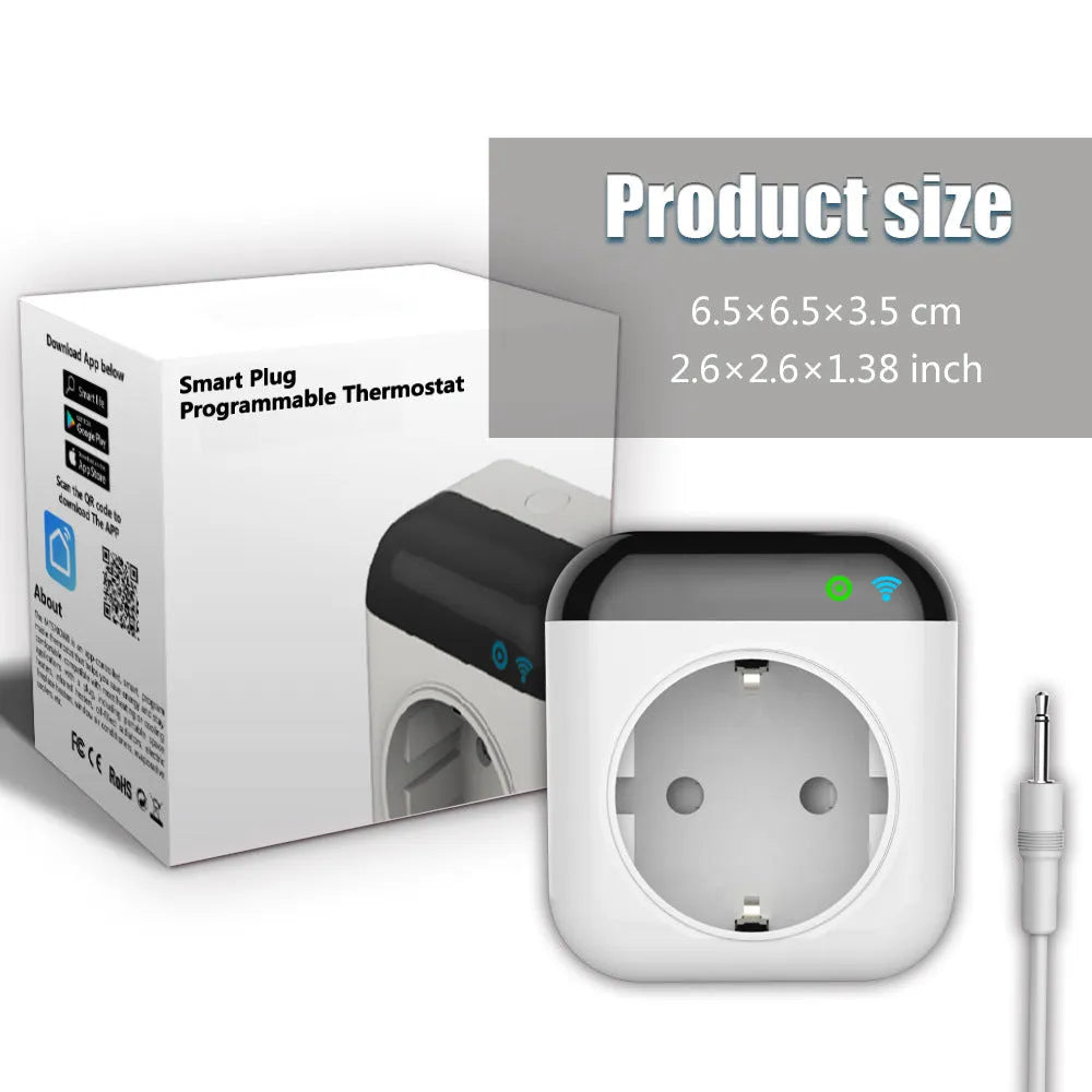 White Tuya smart WiFi temperature control switch socket with a separate temperature sensor probe.