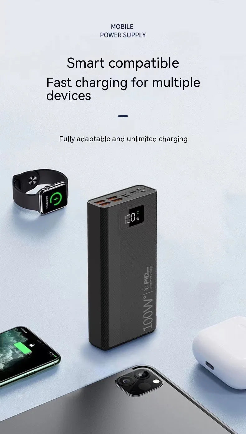 Large capacity power bank in black or white plastic casing with dimensions 150mm x 76mm