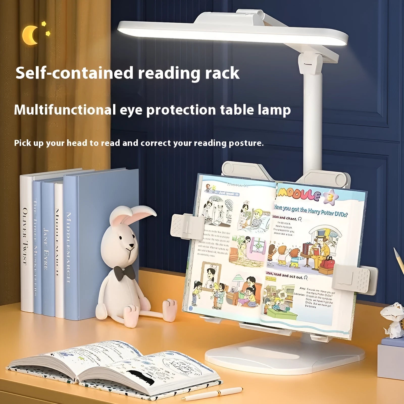 Adjustable multifunctional table lamp with a reading light on a bookshelf, showing dual power and colour temperature controls.