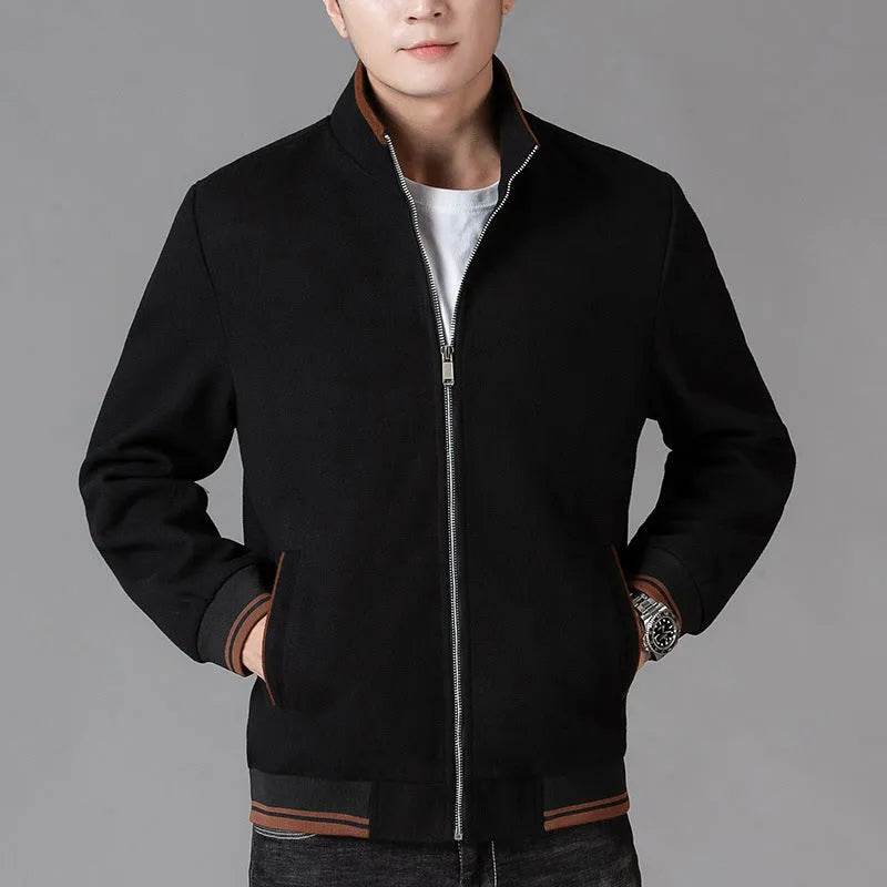 Men's gray polyester fleece autumn coat with long sleeves and side pockets on hanger