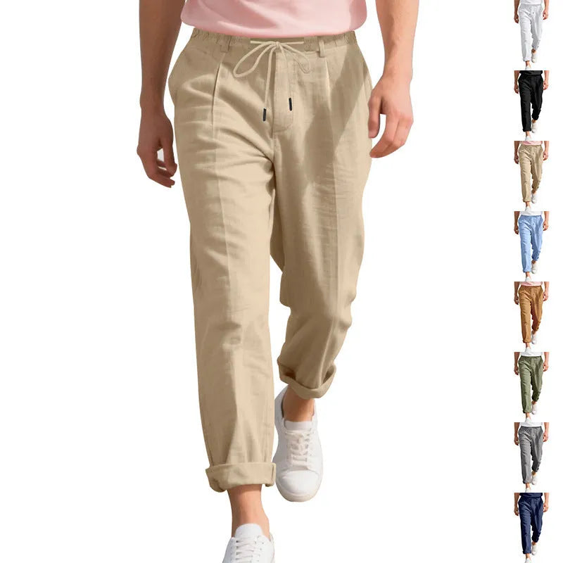 Men's casual linen trousers in loose straight-leg style with drawstring waist