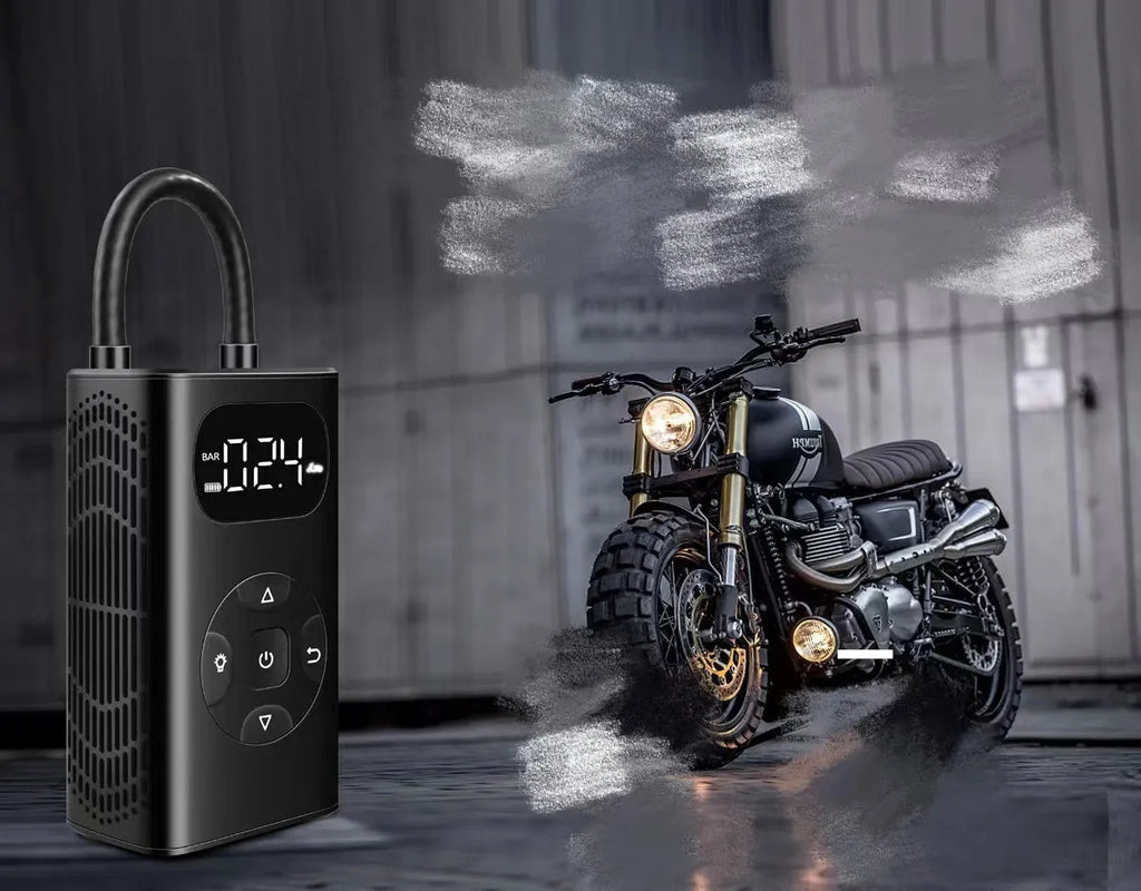 Black aviation aluminium portable tyre inflator with digital display and hose for cars and motorcycles.