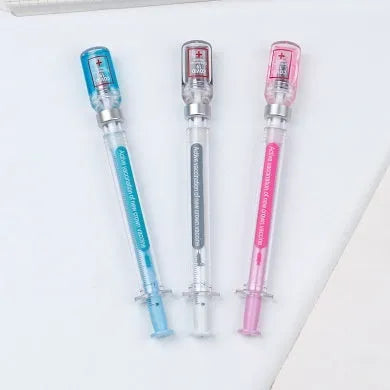 Vaccine design gel pen with black 0.5mm refill and plastic cap, measuring 15.7cm