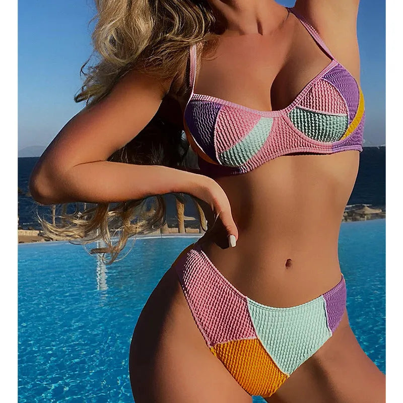 Ladies colour matching push up bikini set with steel bracket construction and high-waisted shorts