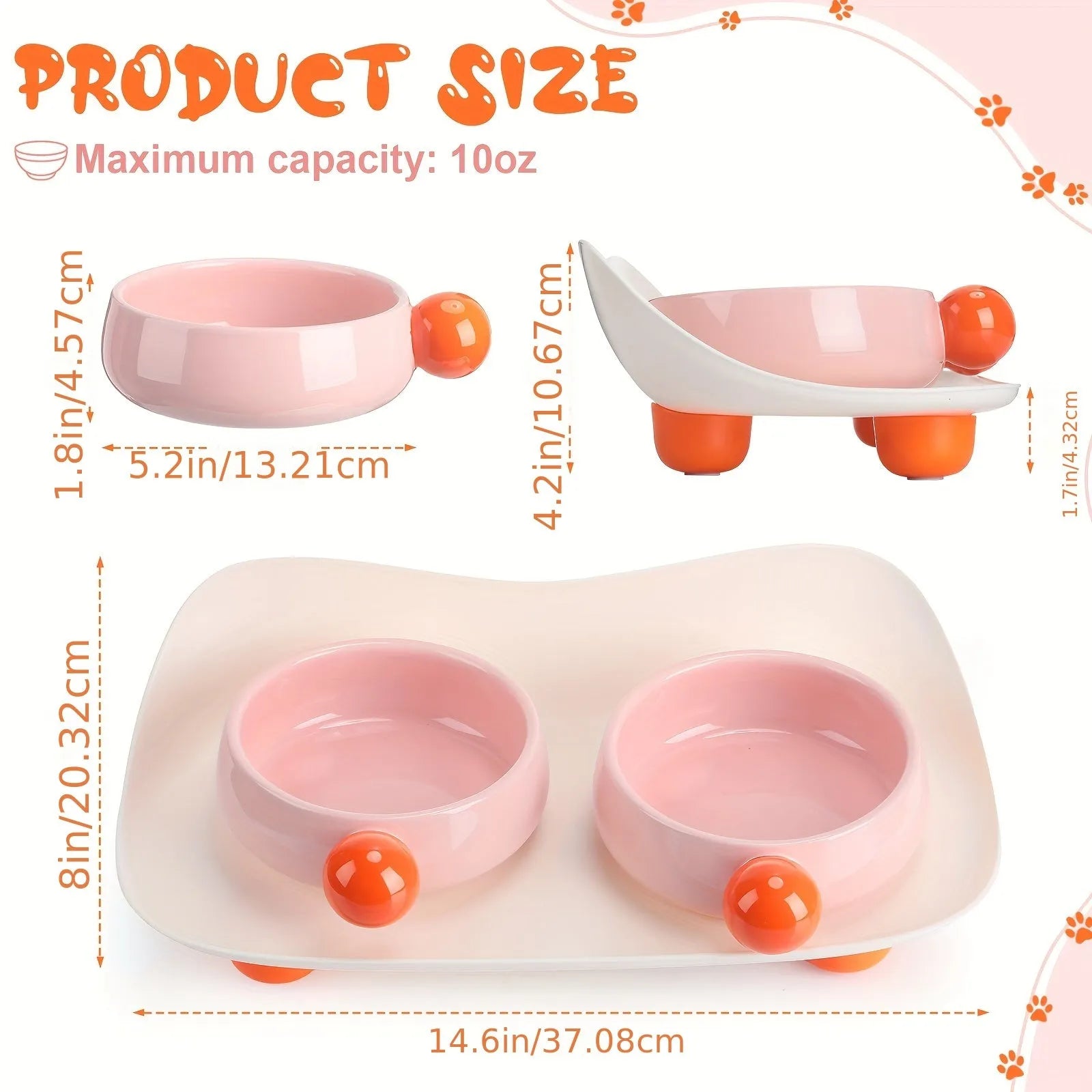 Ceramic raised pet feeder with two bowls for food and water on non-slip base