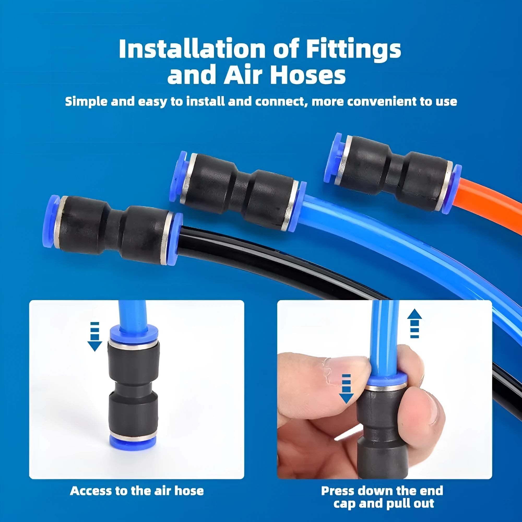 60-piece pneumatic connector set showing push-in fittings with R1/4 and R1/2 thread sizes