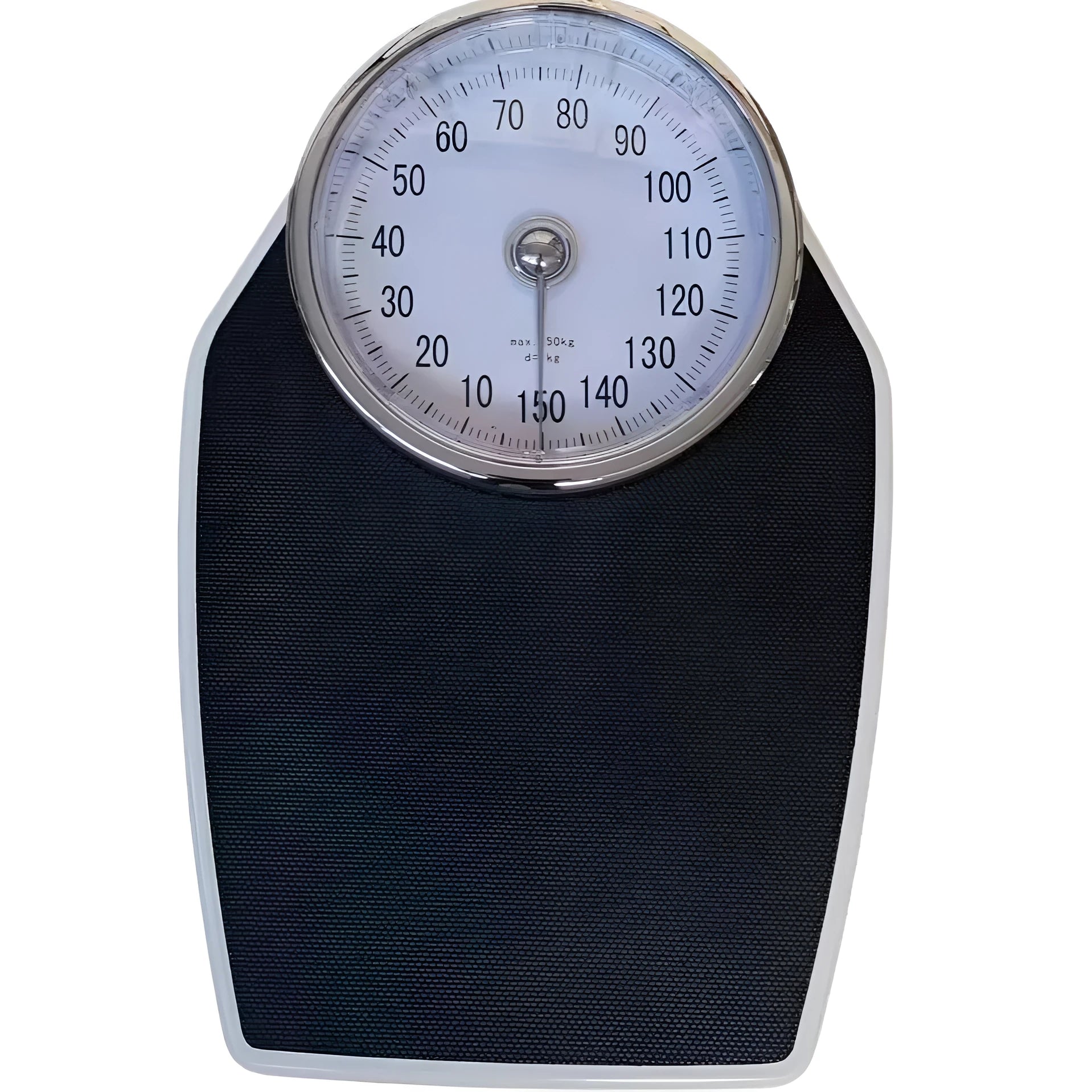 Black mechanical bathroom scale with large analogue dial showing weight pointer, placed on a floor.