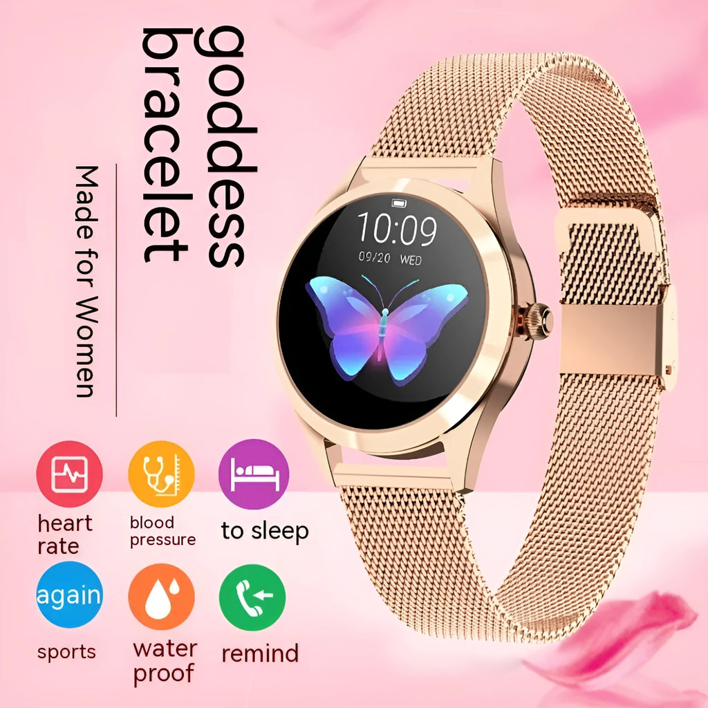 Women's sports smartwatch with heart rate monitoring in black, rose gold, silver or white colour options