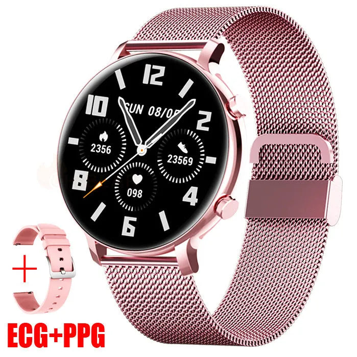 Black smartwatch with stainless steel strap showing Bluetooth call and heart rate monitoring interface