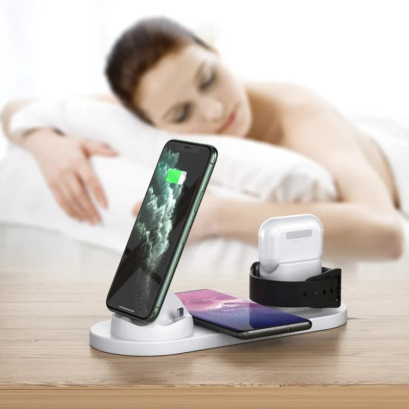Black and white 6-in-1 wireless charging mobile phone holder with AirPods and iWatch charging ports