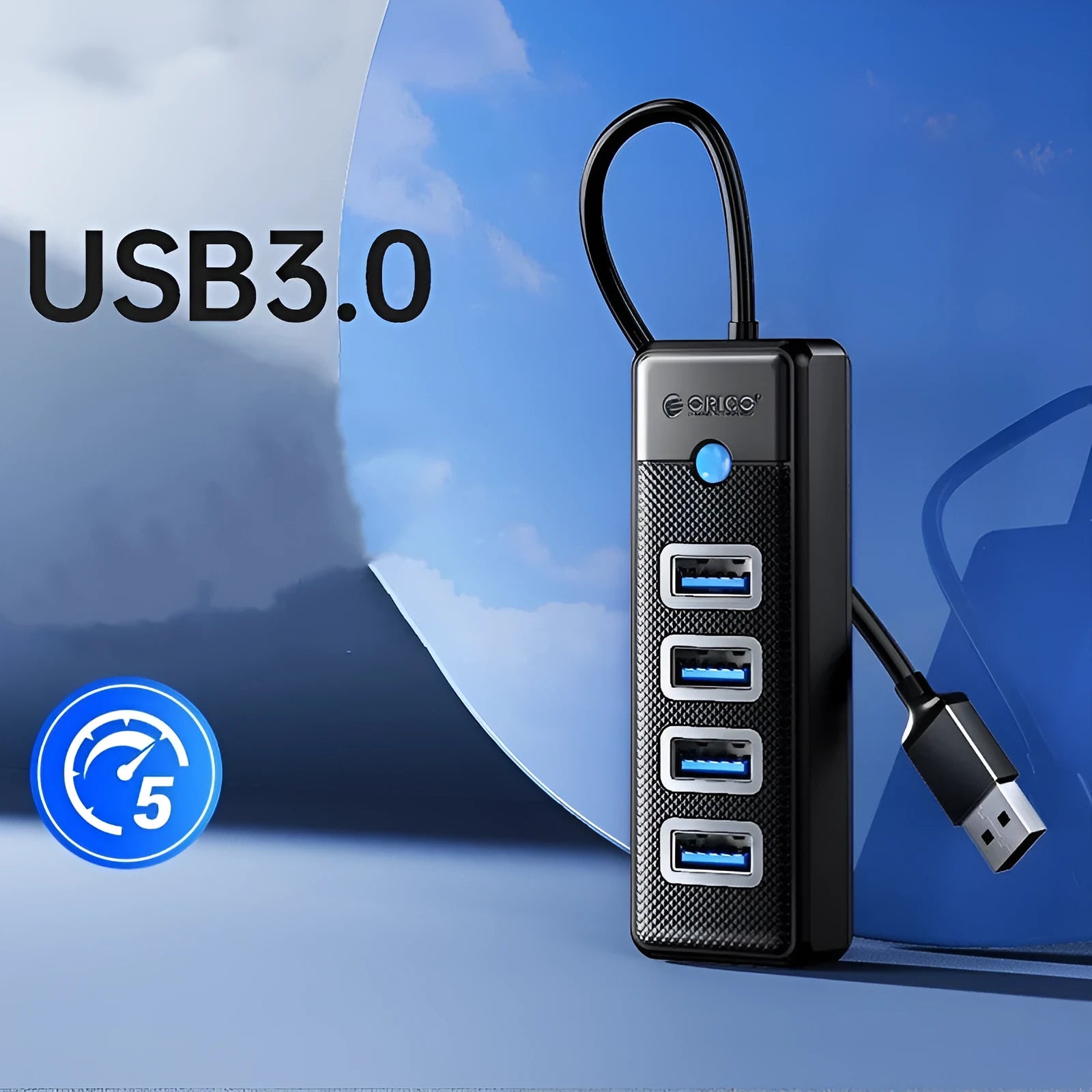 Black 4-Port USB 3.0 Hub with Type-C extender for notebook, 92.9 x 30.6 x 14.7 mm ABS housing