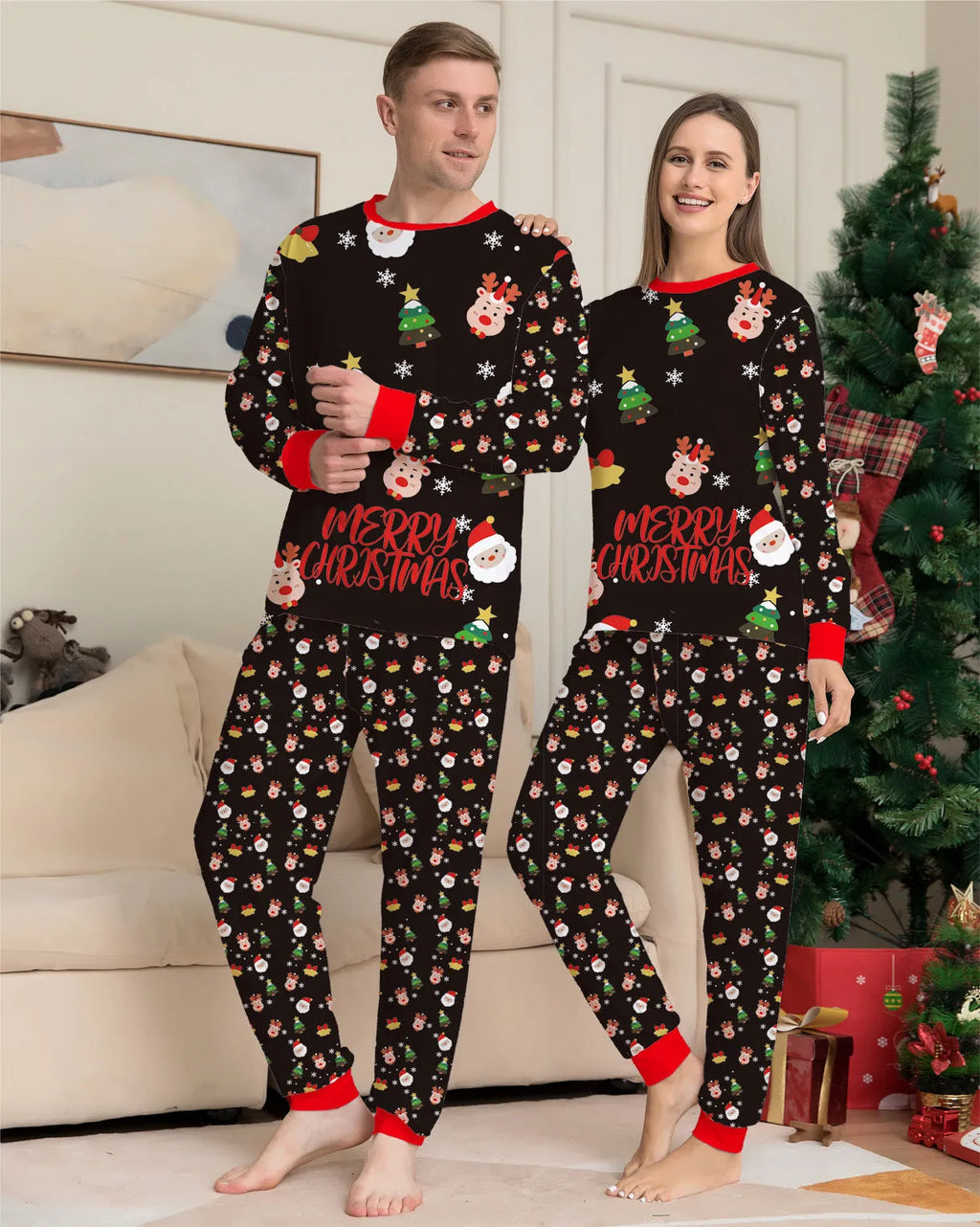 Family Christmas matching pyjamas set in 95% cotton with plaid and cartoon prints for adults, children, babies, and dogs